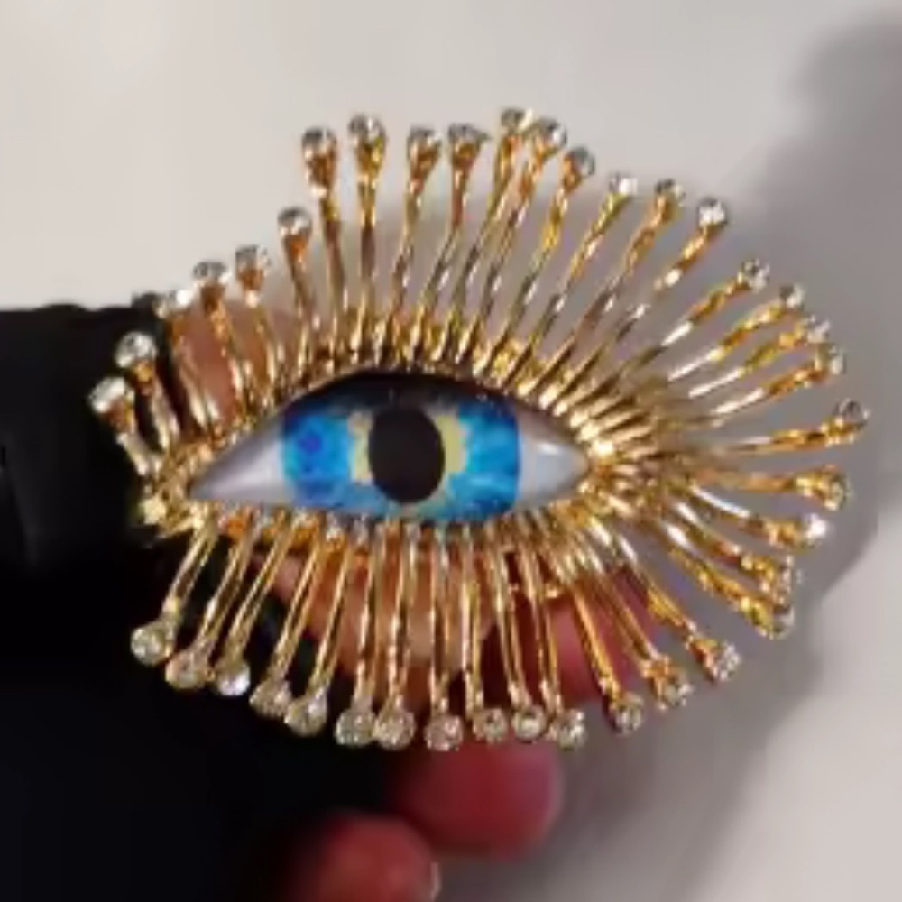 Mystic Gaze Gold Sunburst Crystal Blue Eye Motif Brooch - Picture 3 of 10